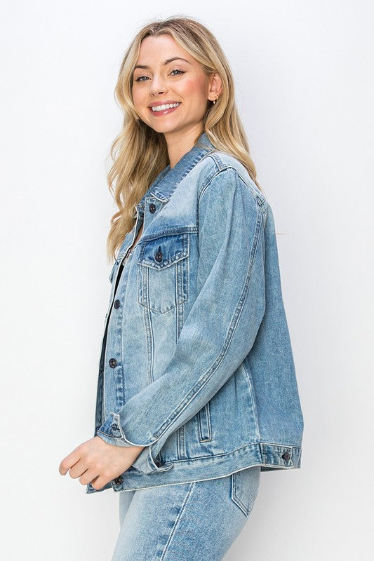 Long Sleeve Button Down Oversized Denim Jacket Medium Wash