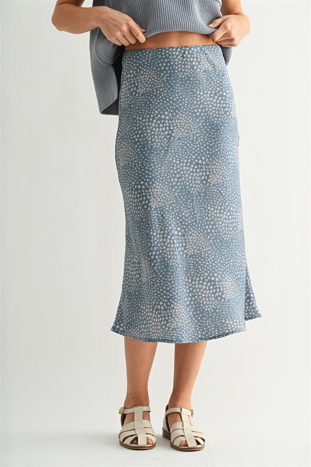 High Waist Flirty Floral Print Satin Midi Skirt Blue