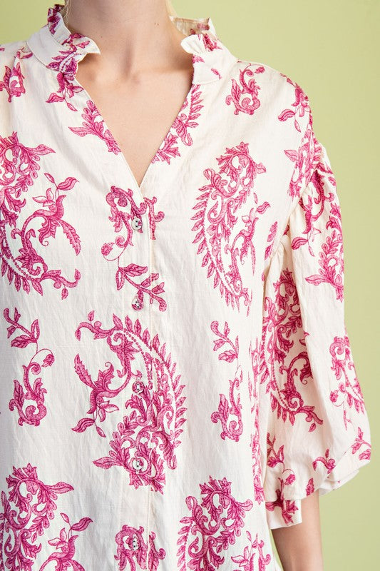 Balloon Sleeve Button Down Printed Top Fuchsia