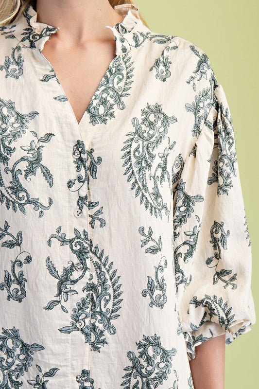 Balloon Sleeve Button Down Printed Top Navy