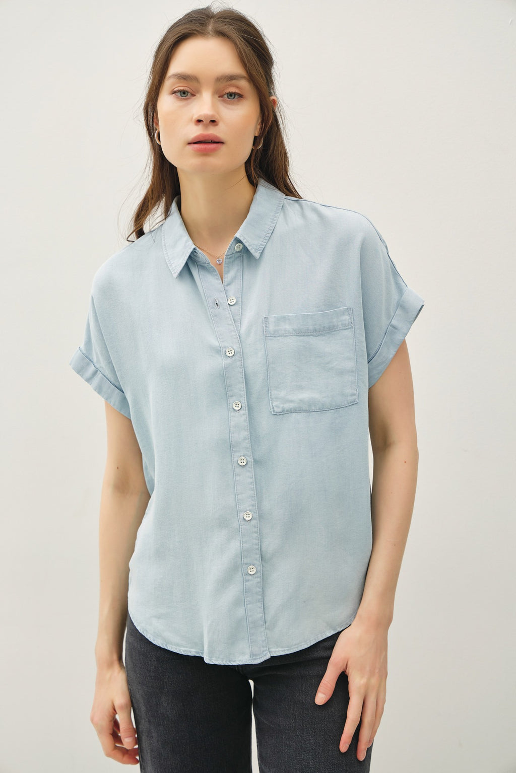 Short Sleeve Button Down Top Blue