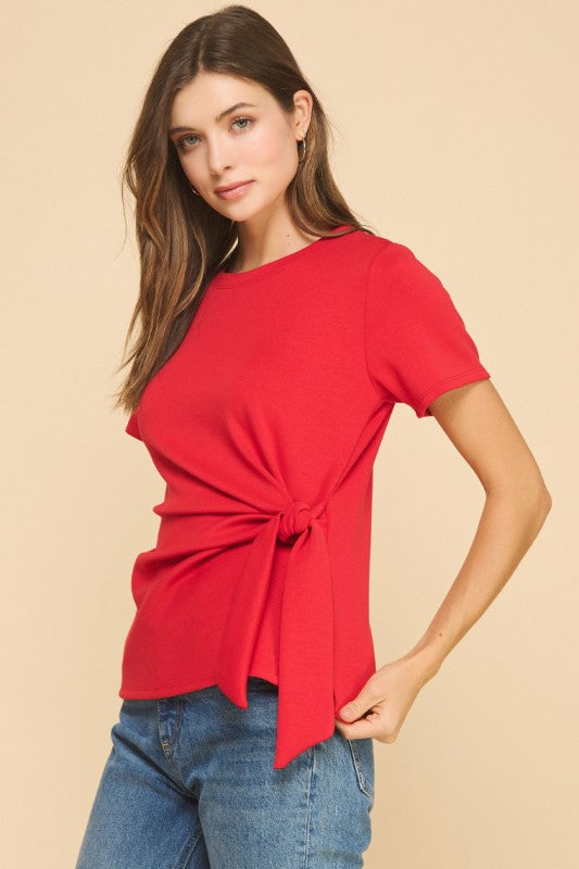  Short Sleeve Waist Tie Top Red