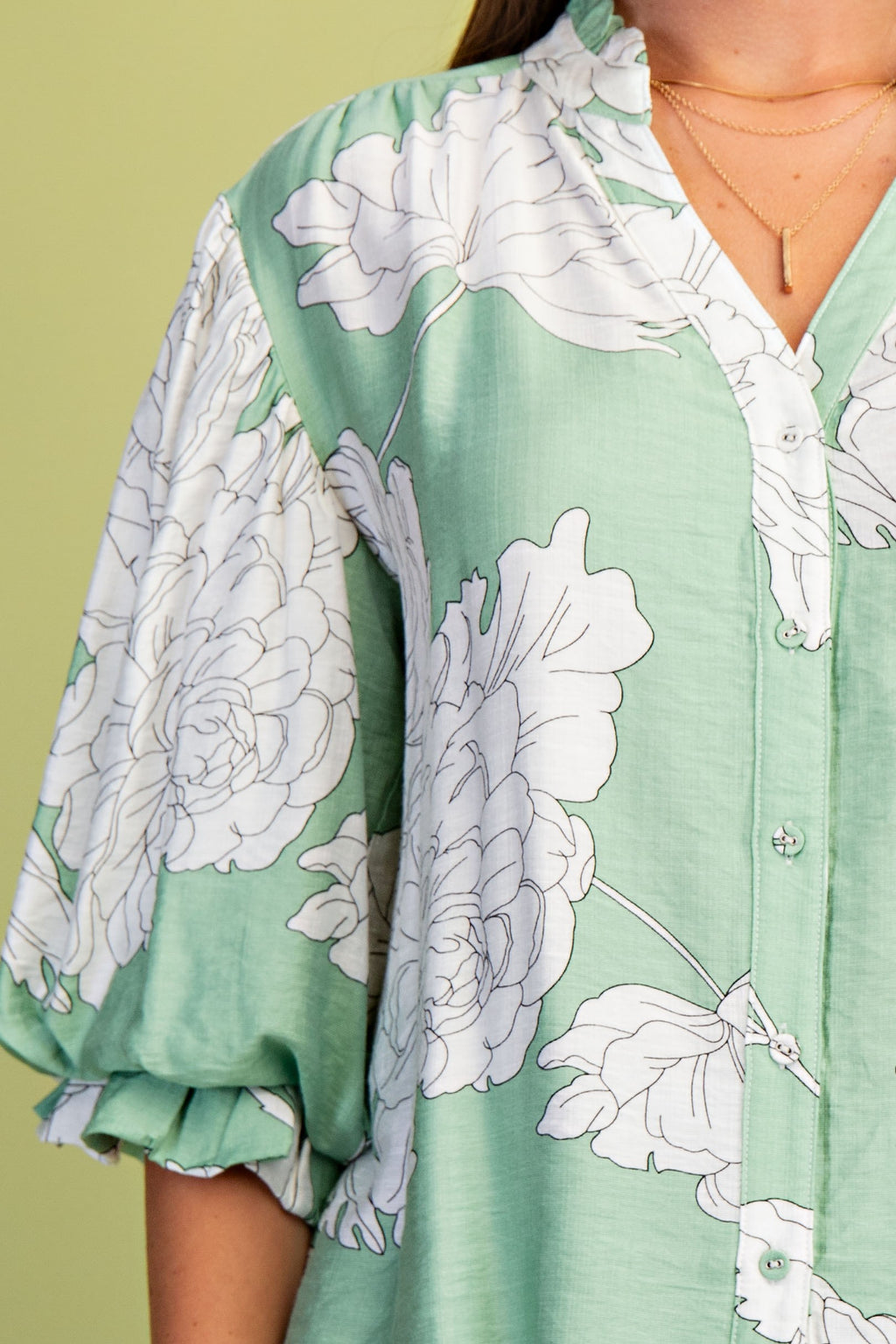 3/4 Sleeve Button Down Floral Print Top Green