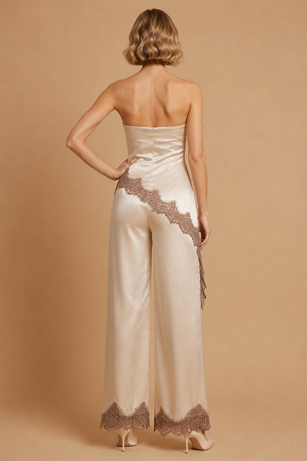Sleeveless Asymmetrical Top And Wide Leg Lace Trim Satin Pants Set Champagne
