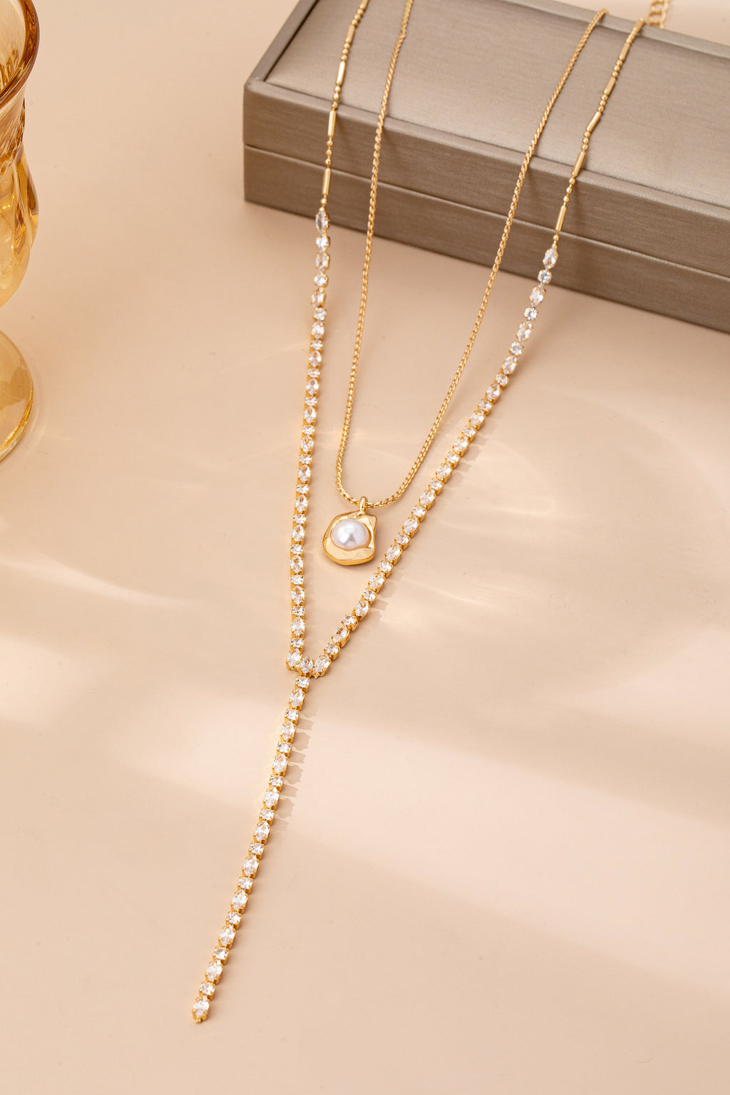 Layered Faux Pearl Pendant Y Necklace Gold