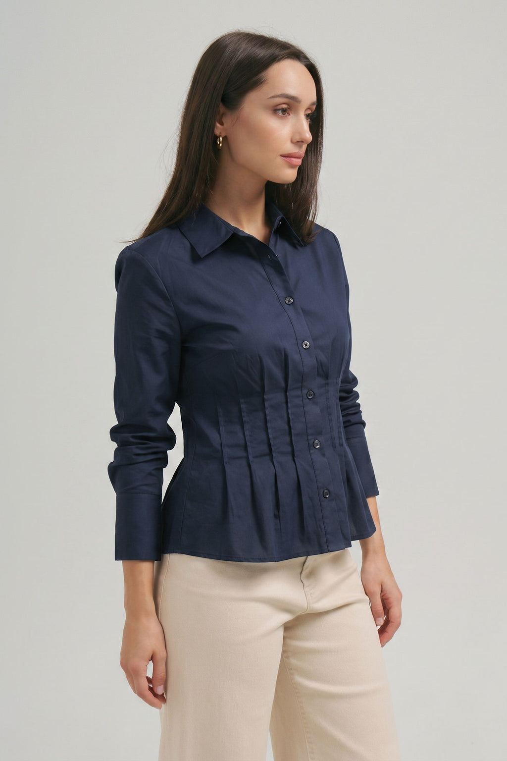 Long Sleeve Button Down Pintuck Top Navy