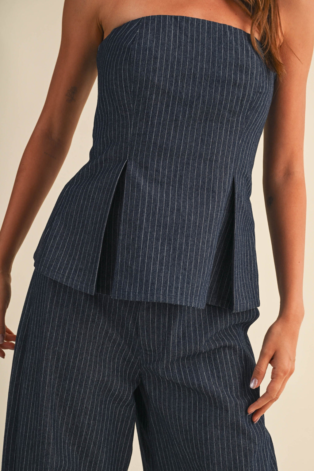 Sleeveless Peplum Top And Wide Leg Denim Barrel Pants Stripe Print Set Dark Wash
