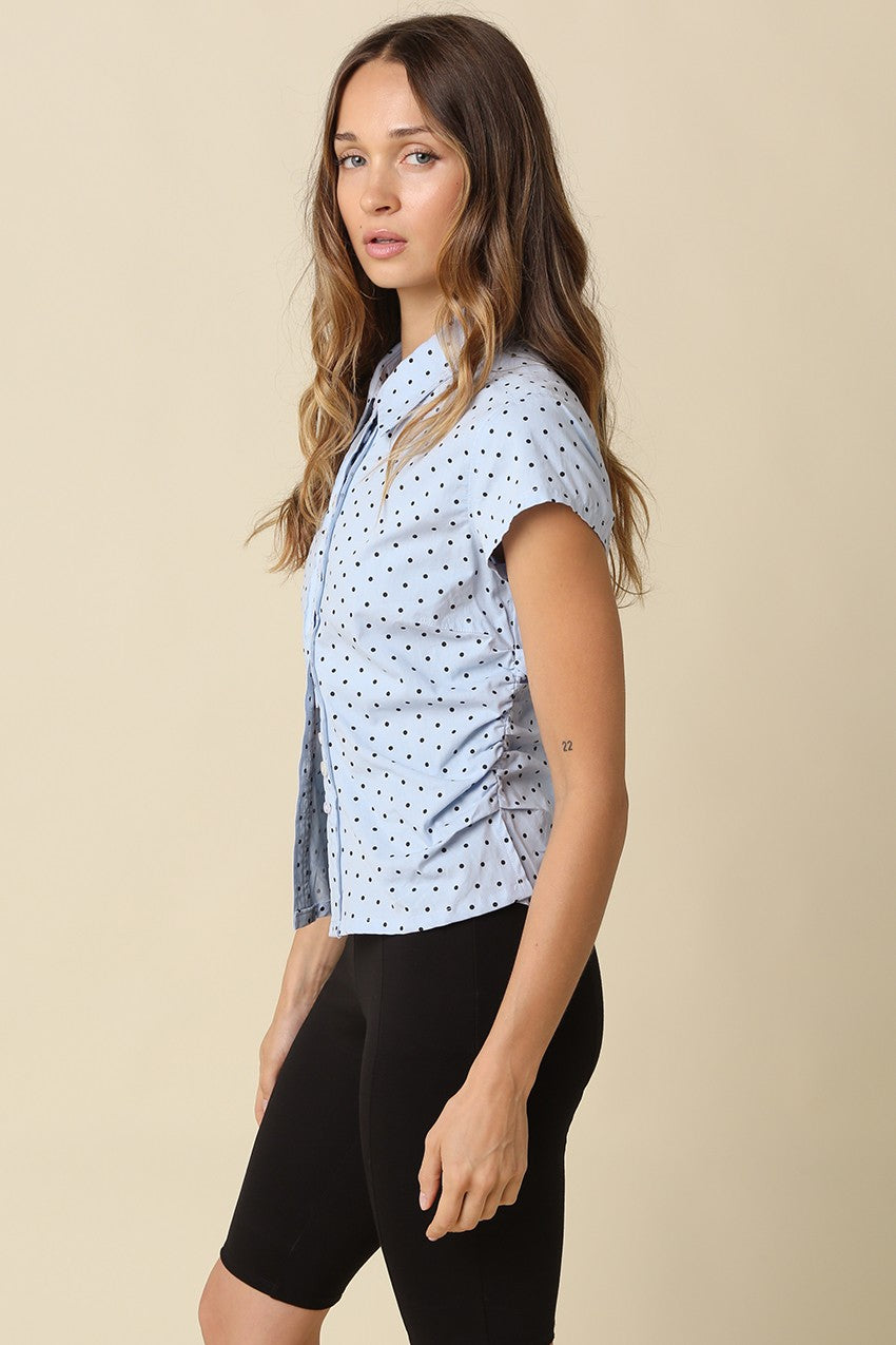 Short Sleeve Button Down Polka Dot Print Top Blue
