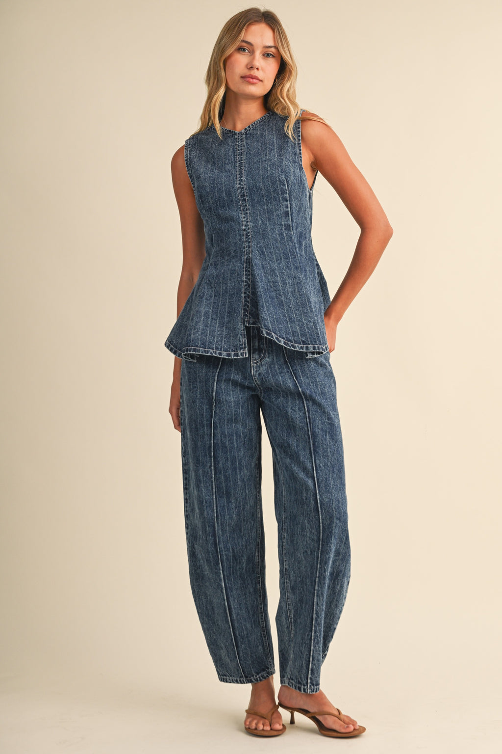Sleeveless Peplum Top And Wide Leg Denim Barrel Pants Stripe Print Set Dark Wash
