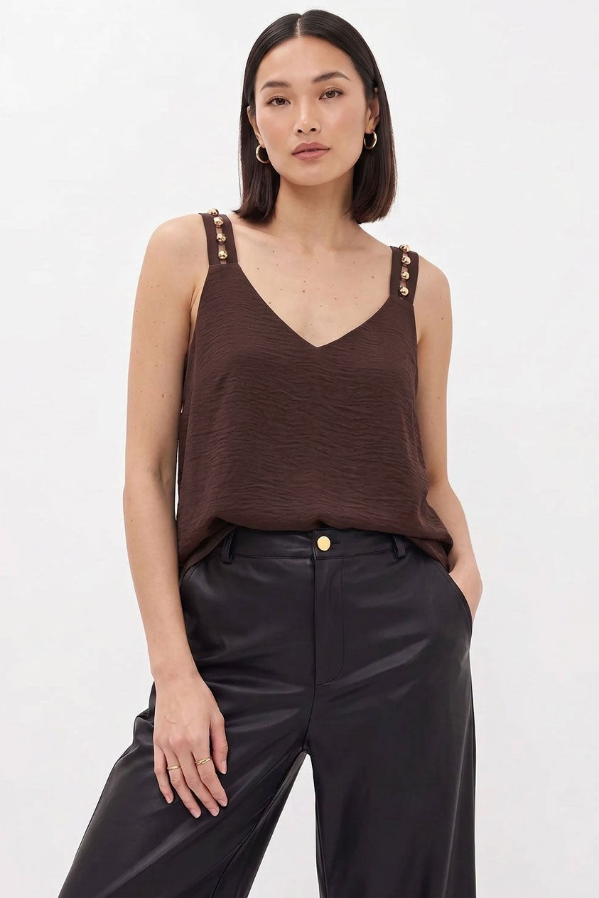Sleeveless Studded Strap Satin Top Brown