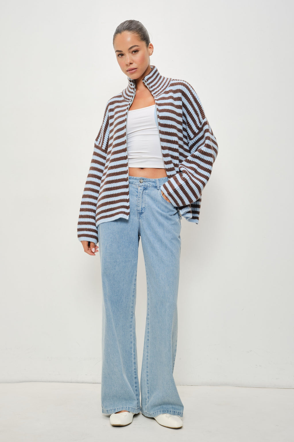 Long Sleeve Zip Up Stripe Print Knit Cardigan Brown