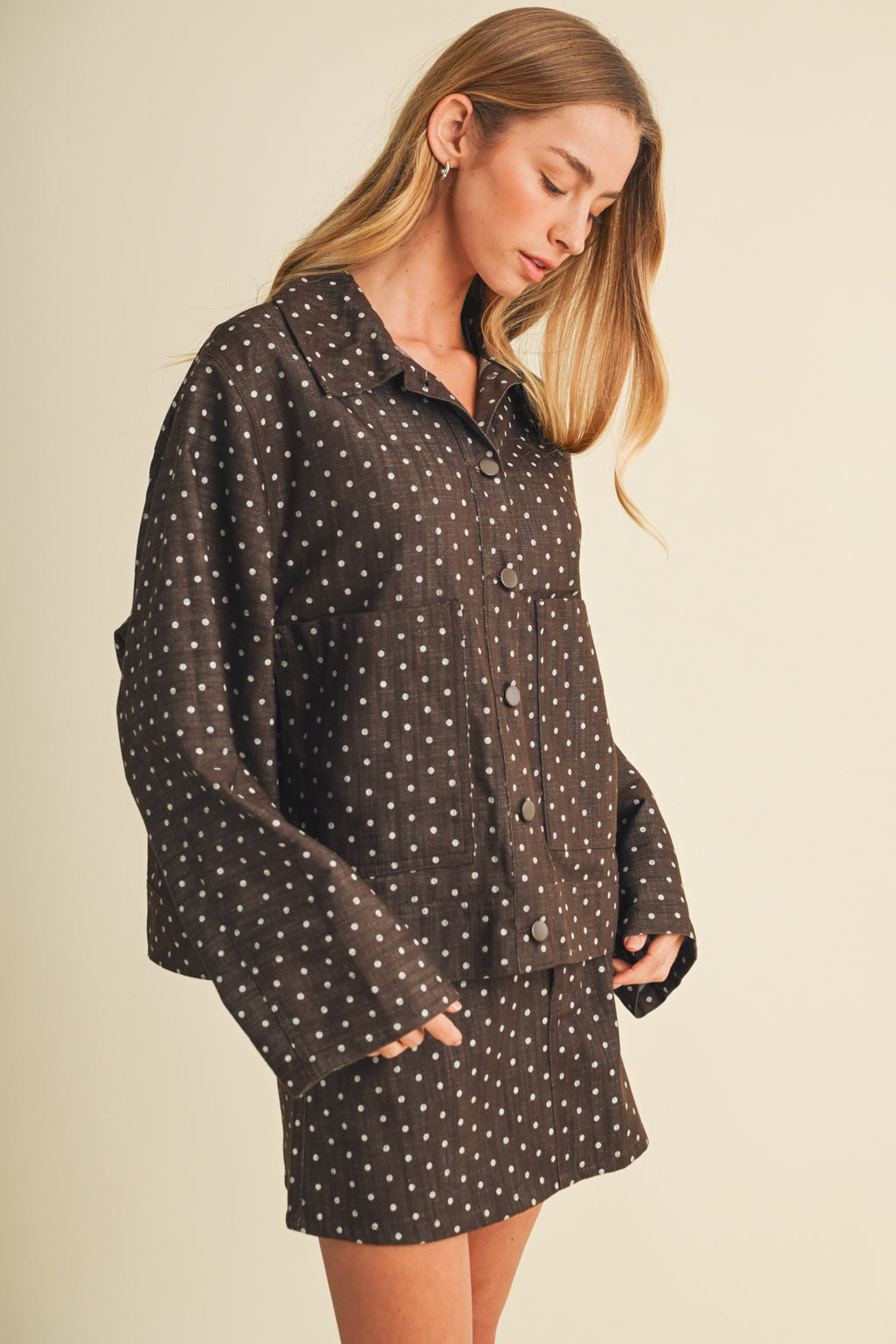  Long Sleeve Button Down Polka Dot Print Jacket Brown