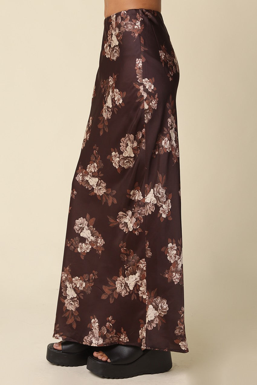 High Waist Pretty Fall Floral Print Satin Maxi Skirt Brown
