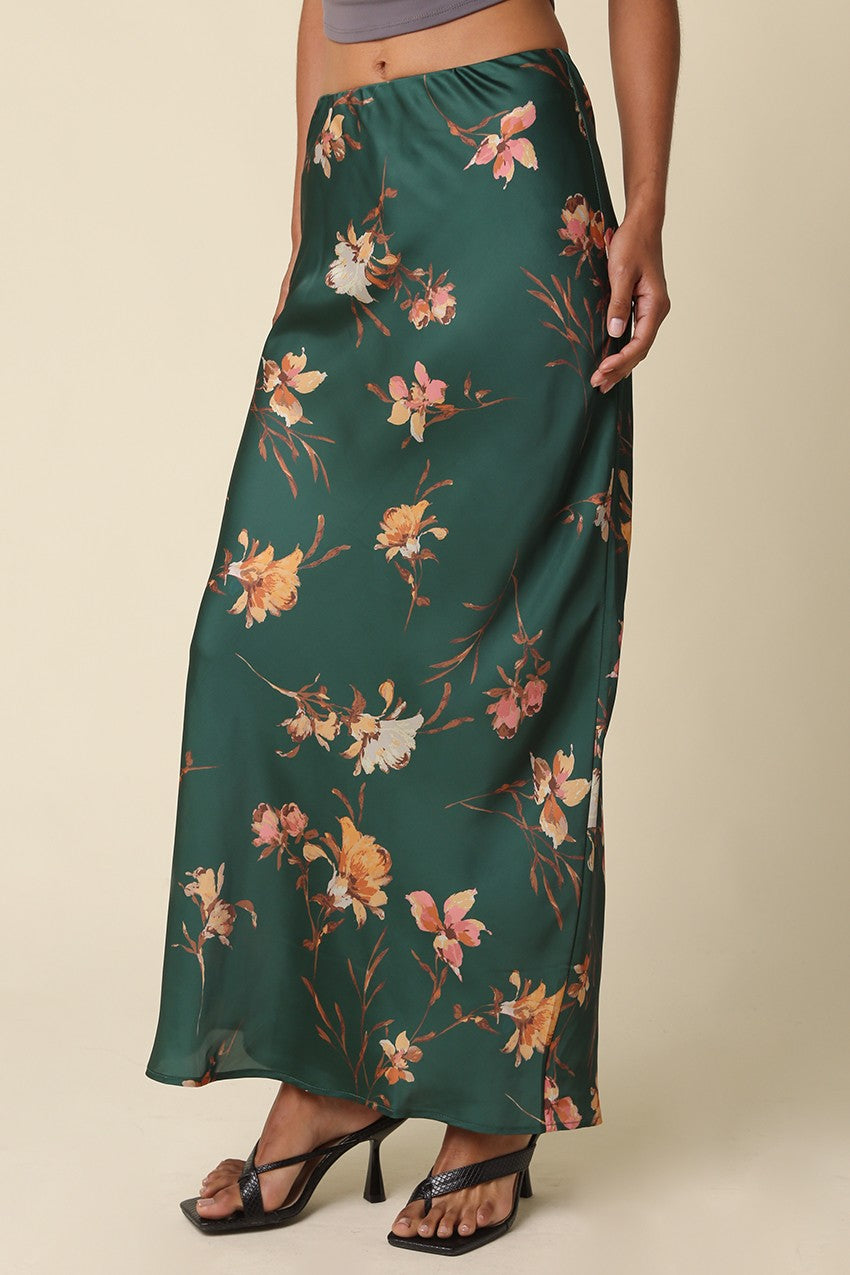 High Waist Dreamy Floral Print Satin Maxi Skirt Green