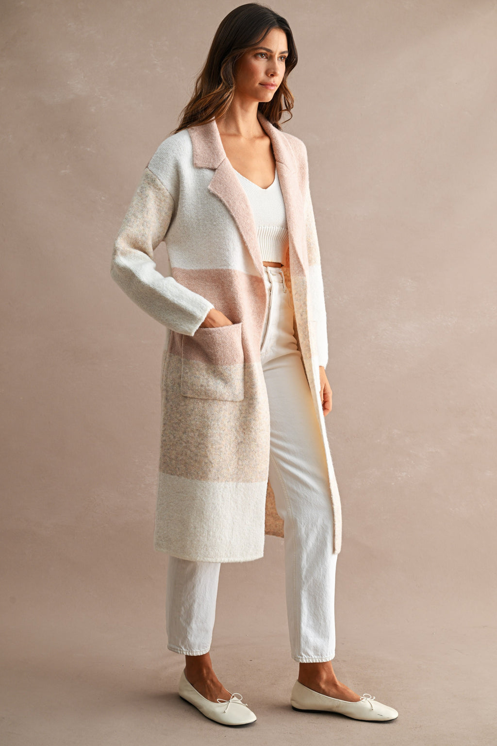 Long Sleeve Open Front Colorblock Print Knit Cardigan Pink