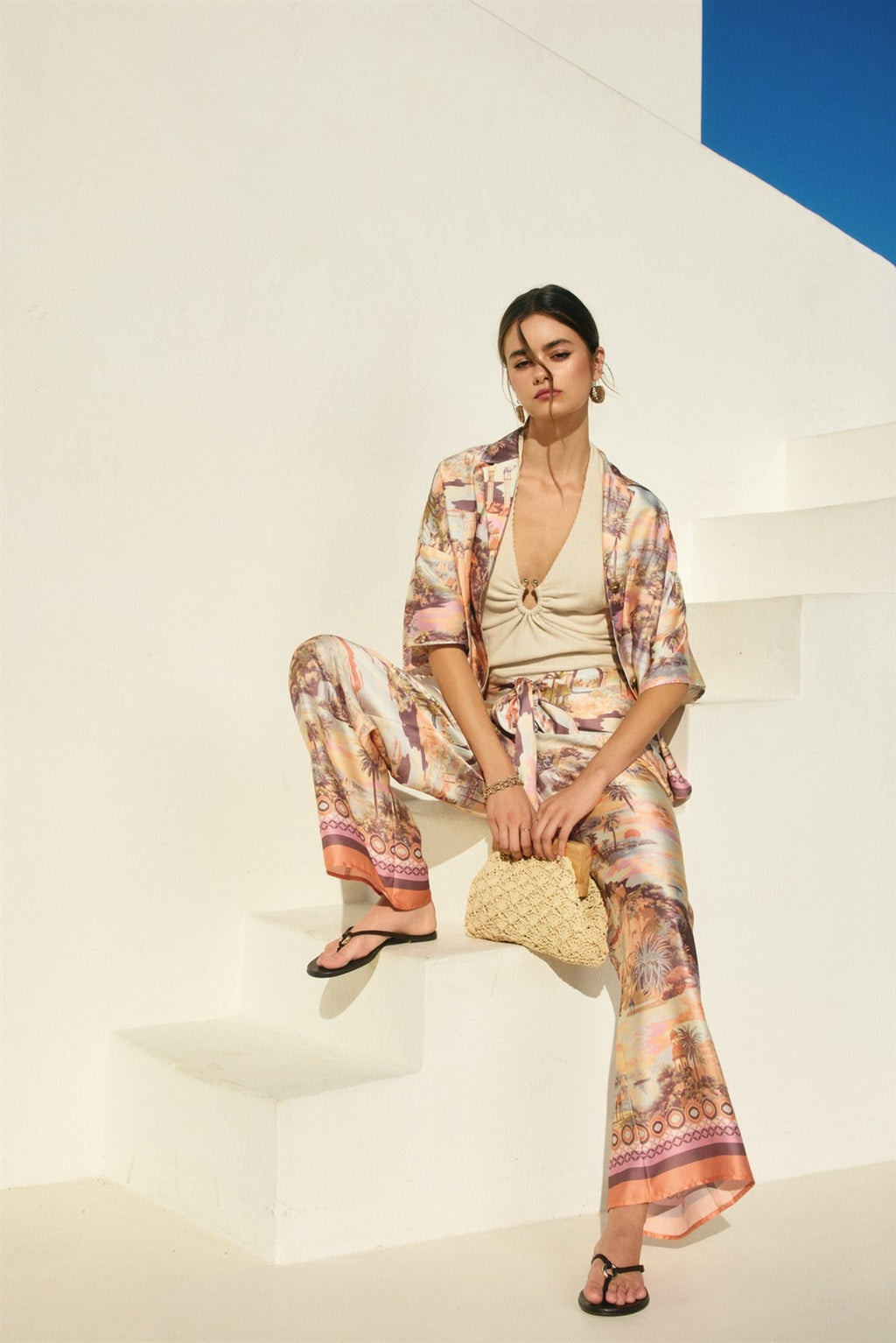 High Waist Waist Tie Wide Leg Tropical Print Pants Cream