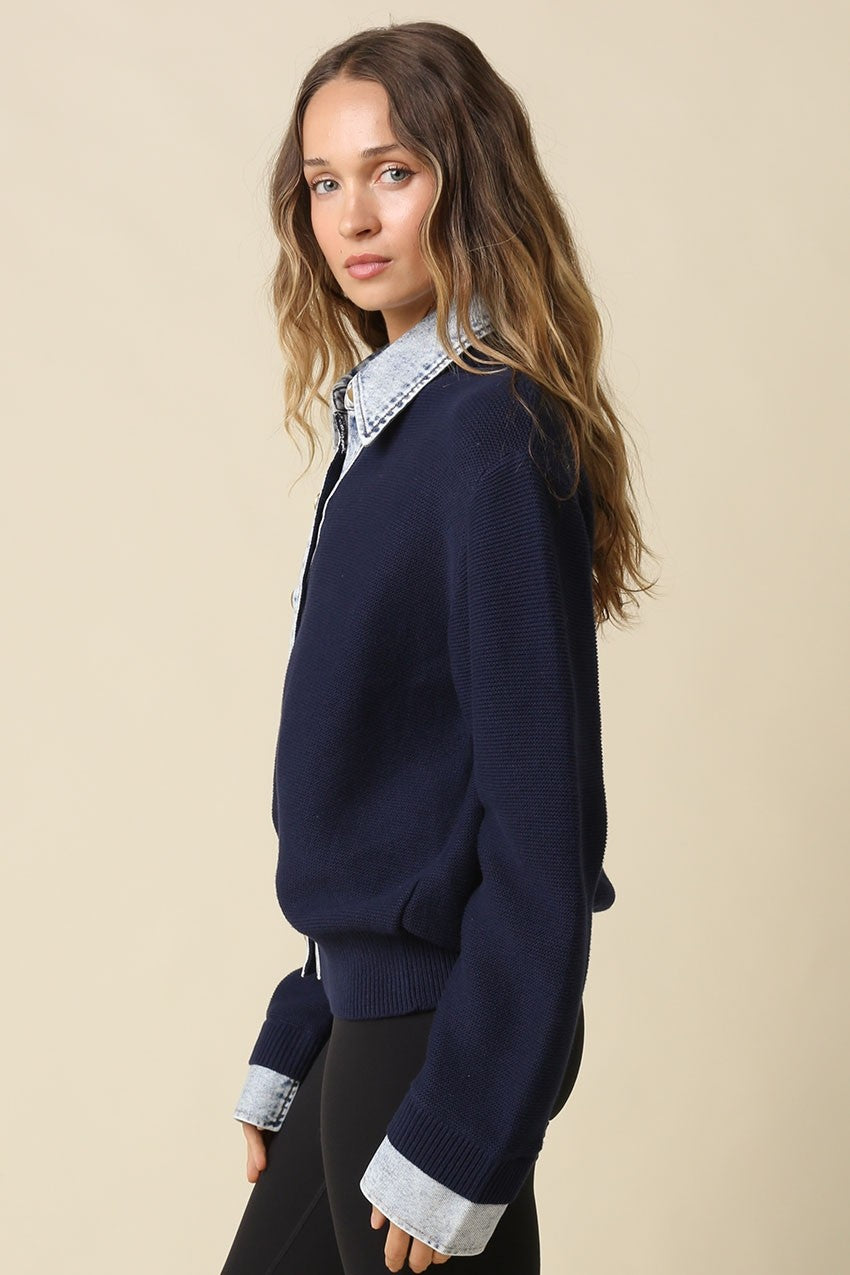 Long Sleeve Button Down Contrast Denim Knit Cardigan Navy