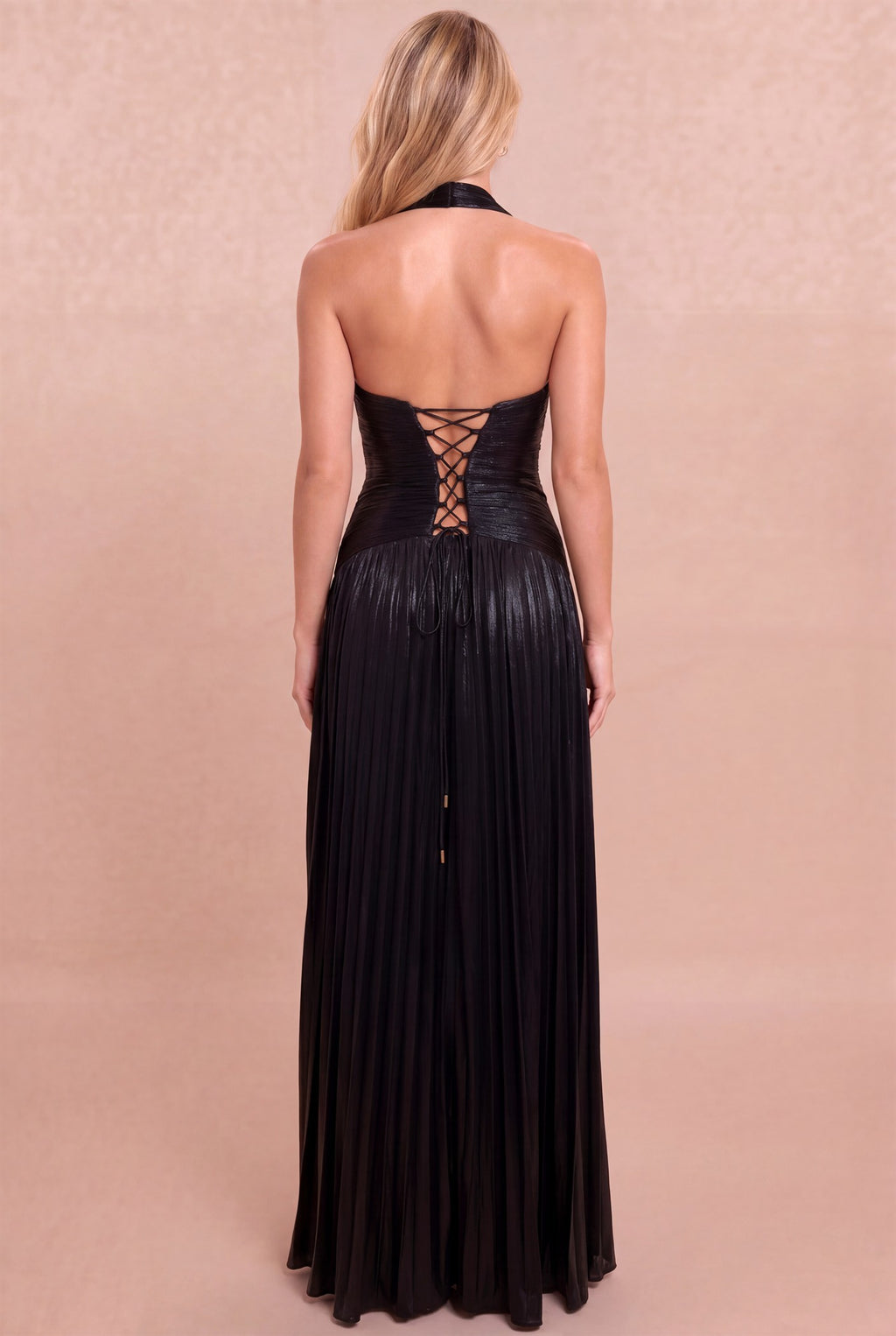 Sleeveless Halter Lace Up Metallic Maxi Dress Black