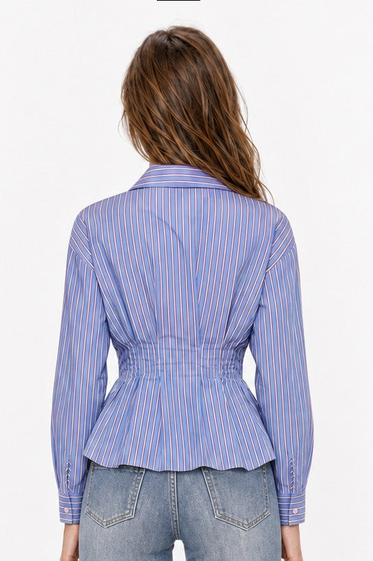 Long Sleeve Button Down Stripe Print Peplum Top Blue