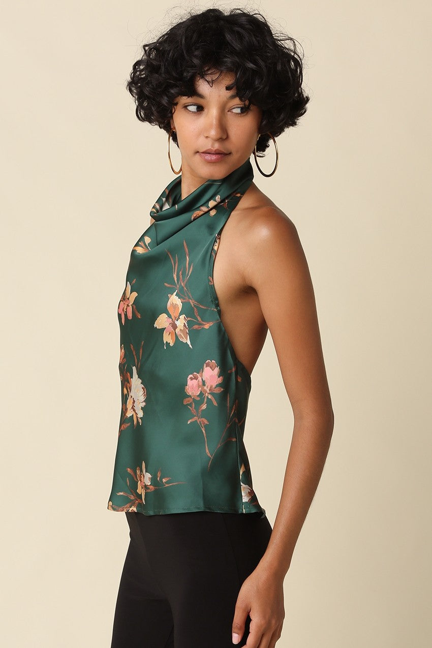 Sleeveless Halter Whimsical Floral Print Top Green