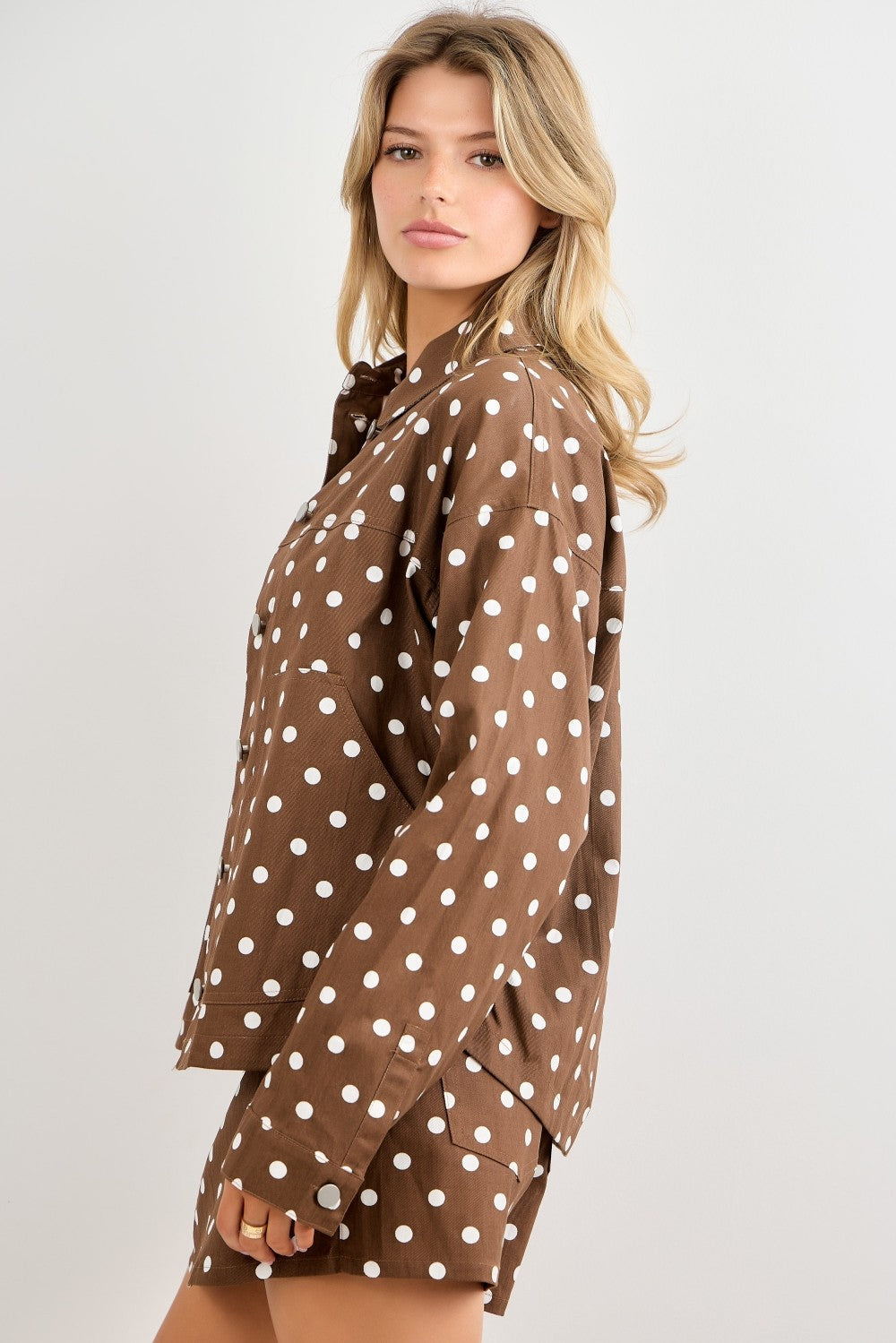Long Sleeve Button Down Polka Dot Print Jacket Brown