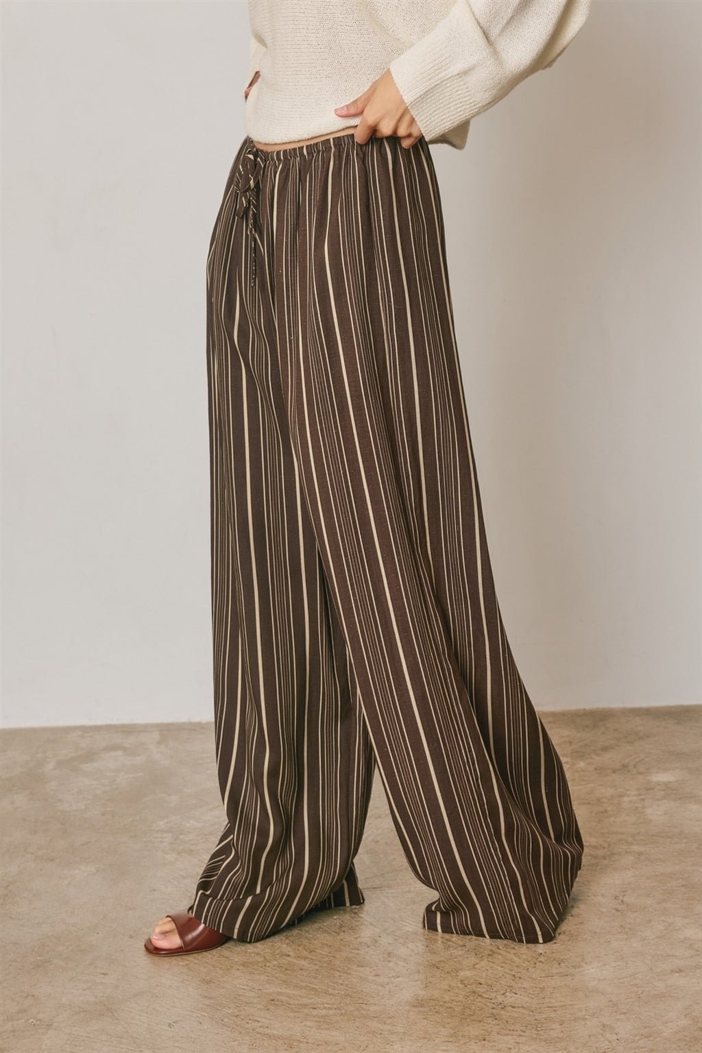 Drawstring Stripe Print Wide Leg Pants Chocolate
