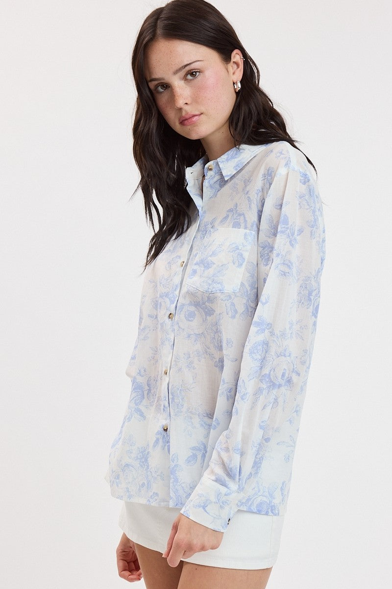 Long Sleeve Button Down Floral Print Top Blue