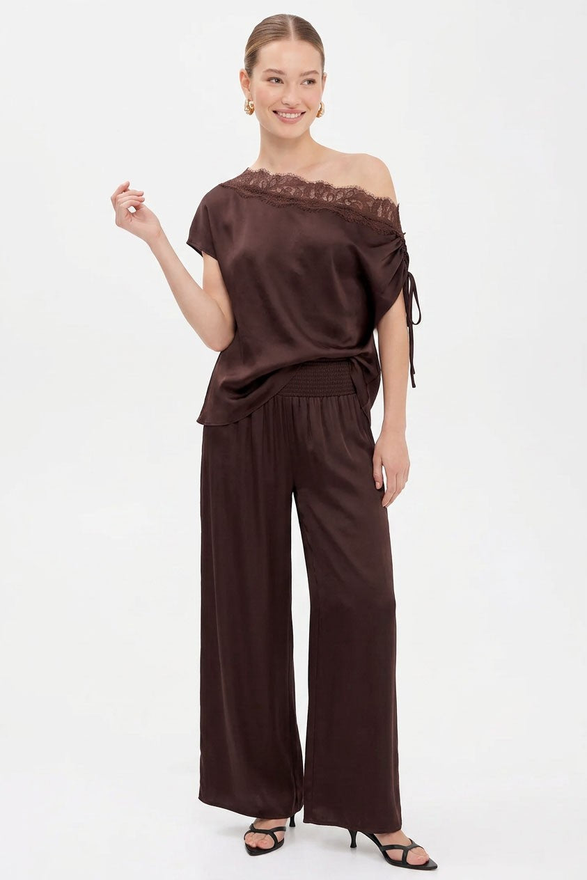 Off The Shoulder Stylish Satin And Lace Top Brown