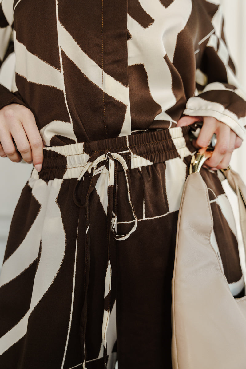 Long Sleeve Button Down Top And Wide Leg Abstract Print Pants Set Brown