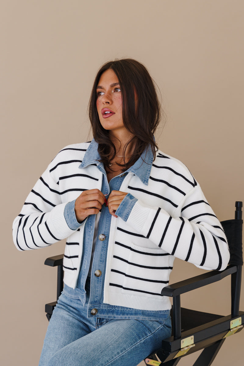 Long Sleeve Button Down Contrast Denim Stripe Print Knit Cardigan Cream