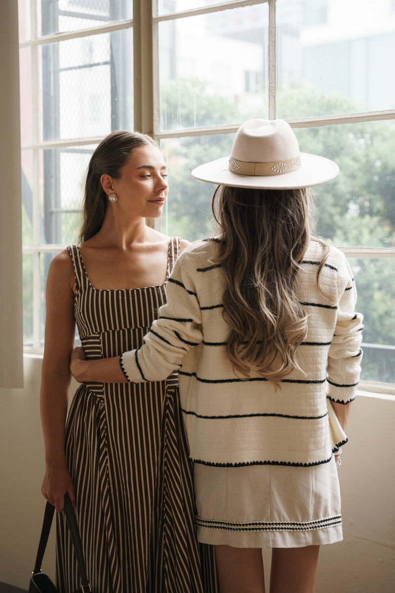 Sleeveless Large Back Buckle Stripe Print Midi Dress Brown