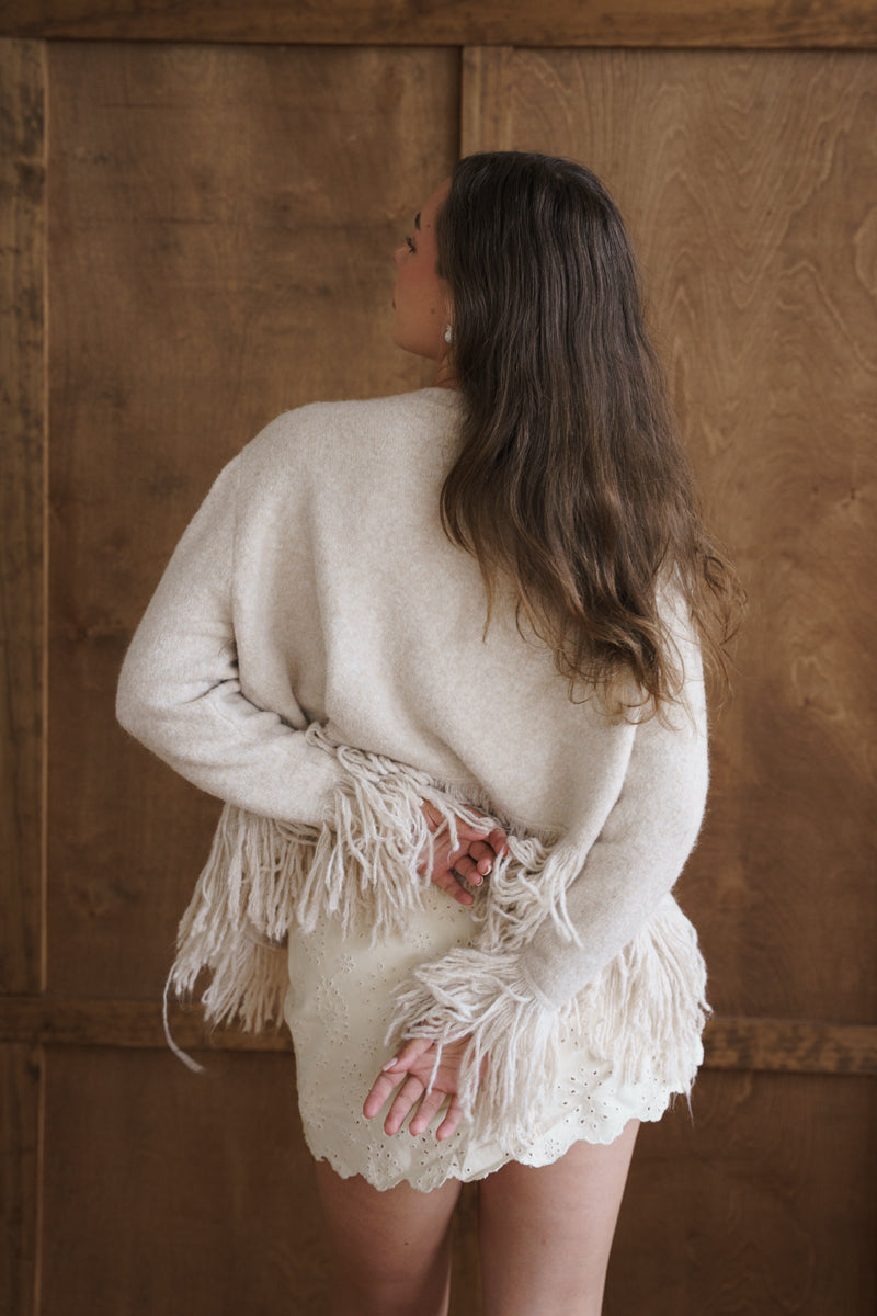 Long Sleeve Open Front Fringe Knit Cardigan Taupe