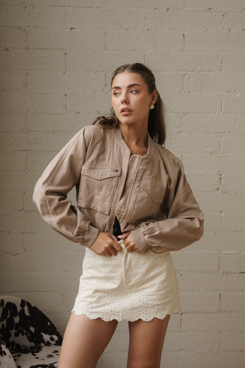 Long Sleeve Washed Linen Bomber Jacket Mocha