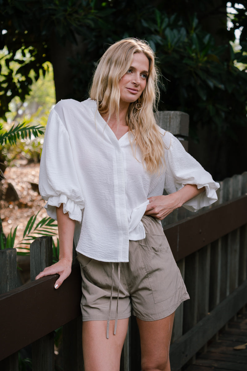 3/4 Balloon Sleeve Top White