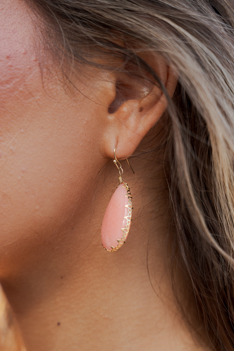 Teardrop Gemstone Dangle Earrings Gold Pink