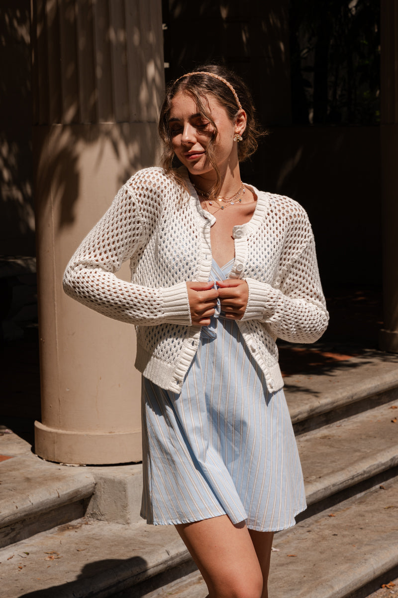 Long Sleeve Button Down Crochet Cardigan Ivory
