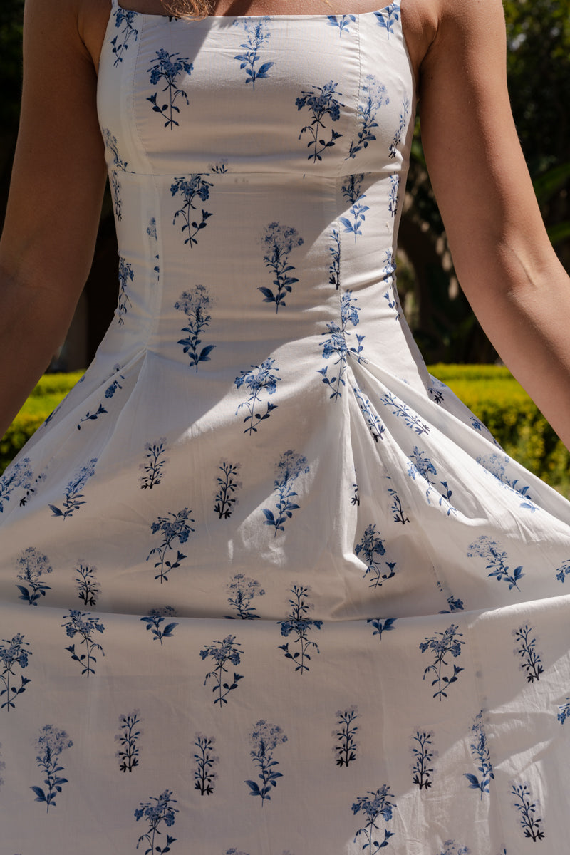 Sleeveless A-Line Floral Print Midi Dress Blue