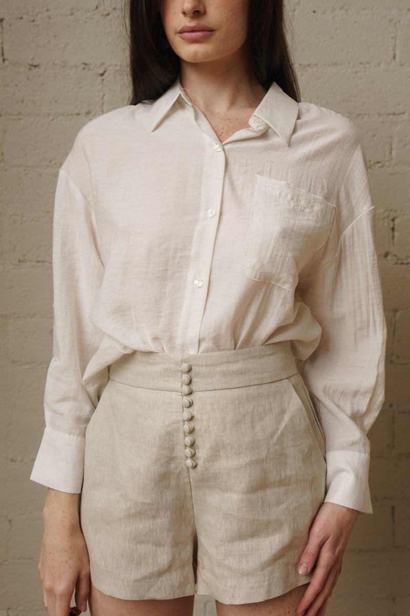 Long Sleeve Button Down Linen Top Natural