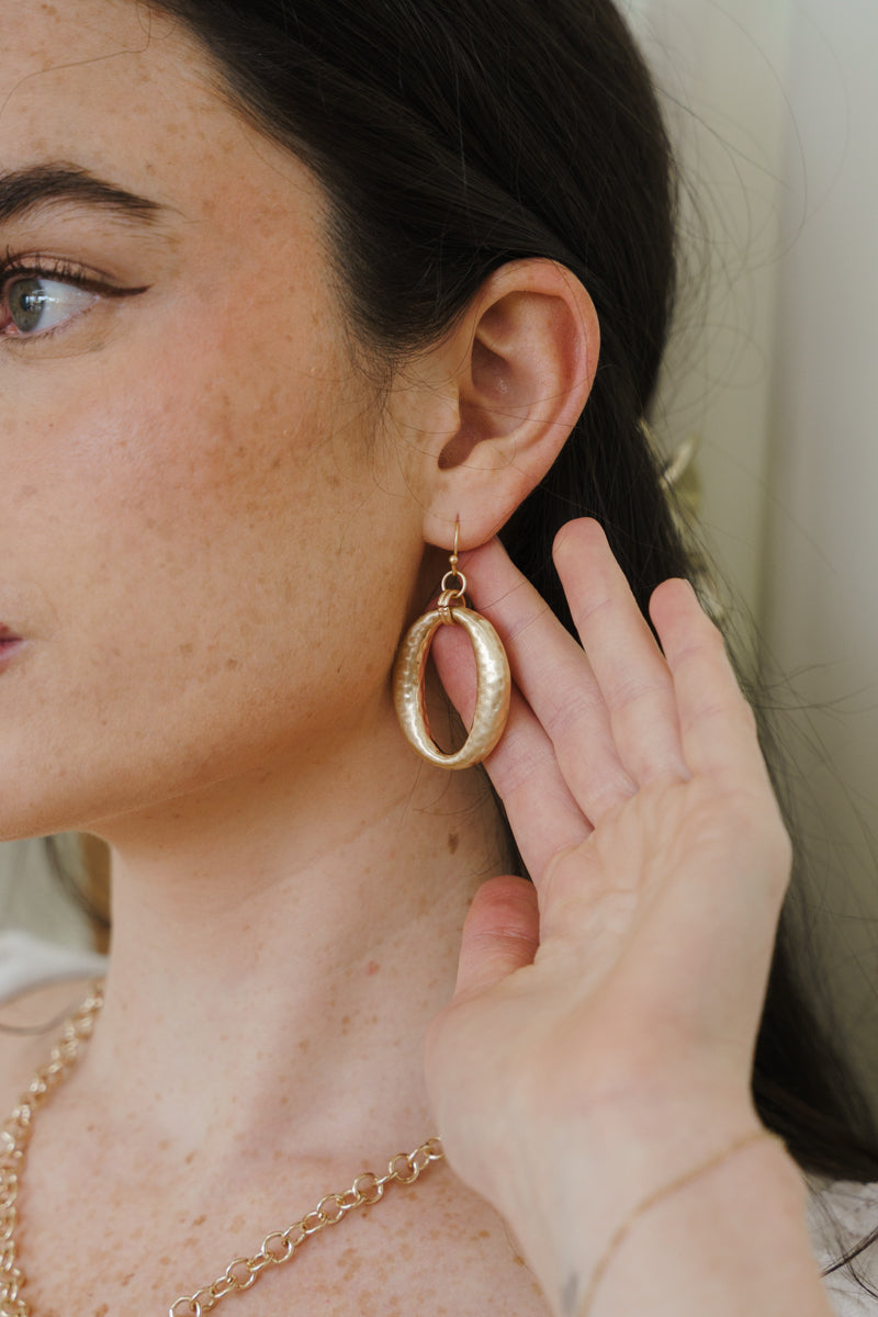 Textured Open Oval Drop Earrings Gold