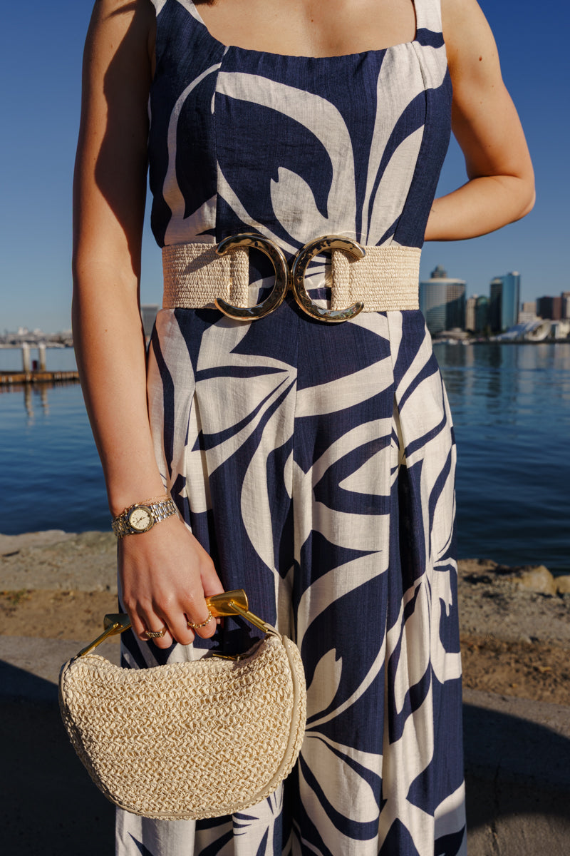 Large Metal Ring Woven Belt Beige