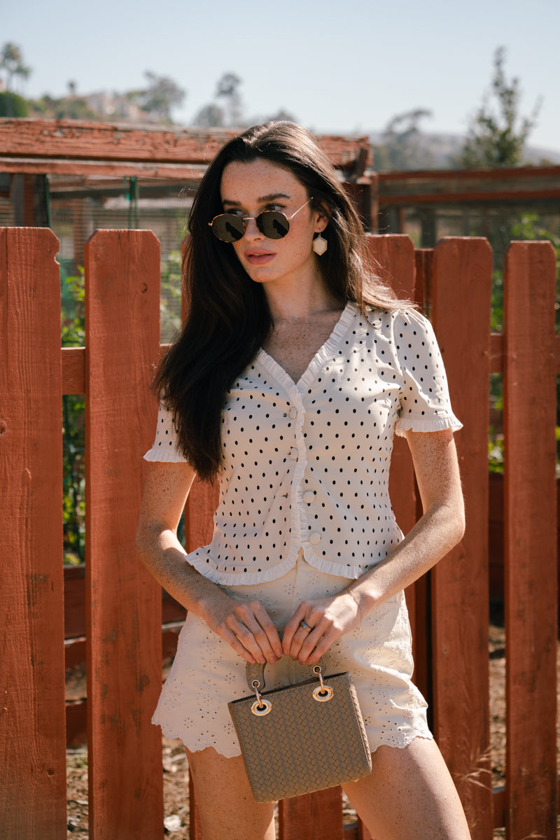 Short Sleeve Button Down Playful Polka Dot Print Top Natural