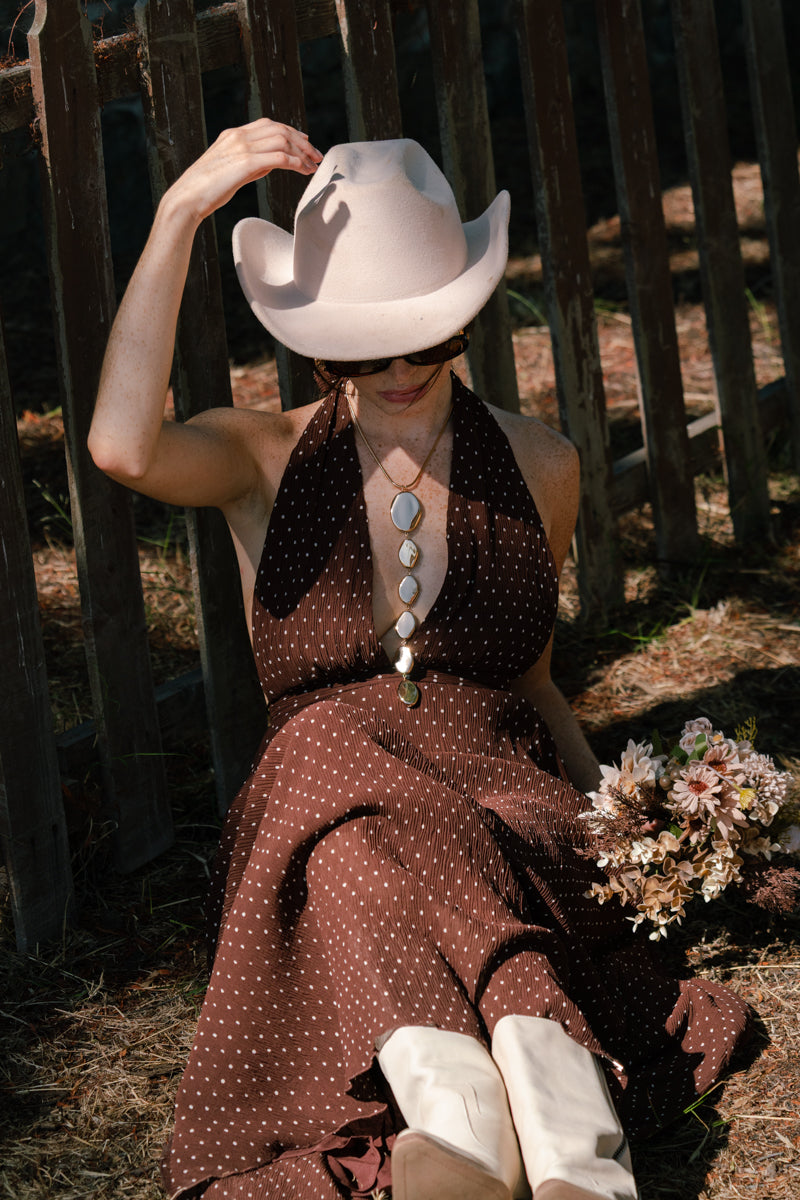  Sleeveless Halter Vintage Micro Polka Dot Print Maxi Dress Brown