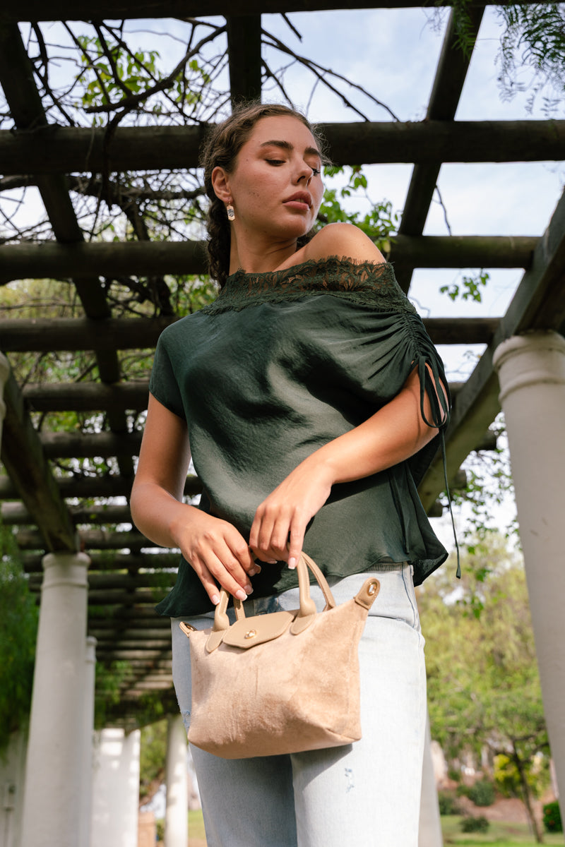 Off The Shoulder Stylish Satin And Lace Top Forest Green
