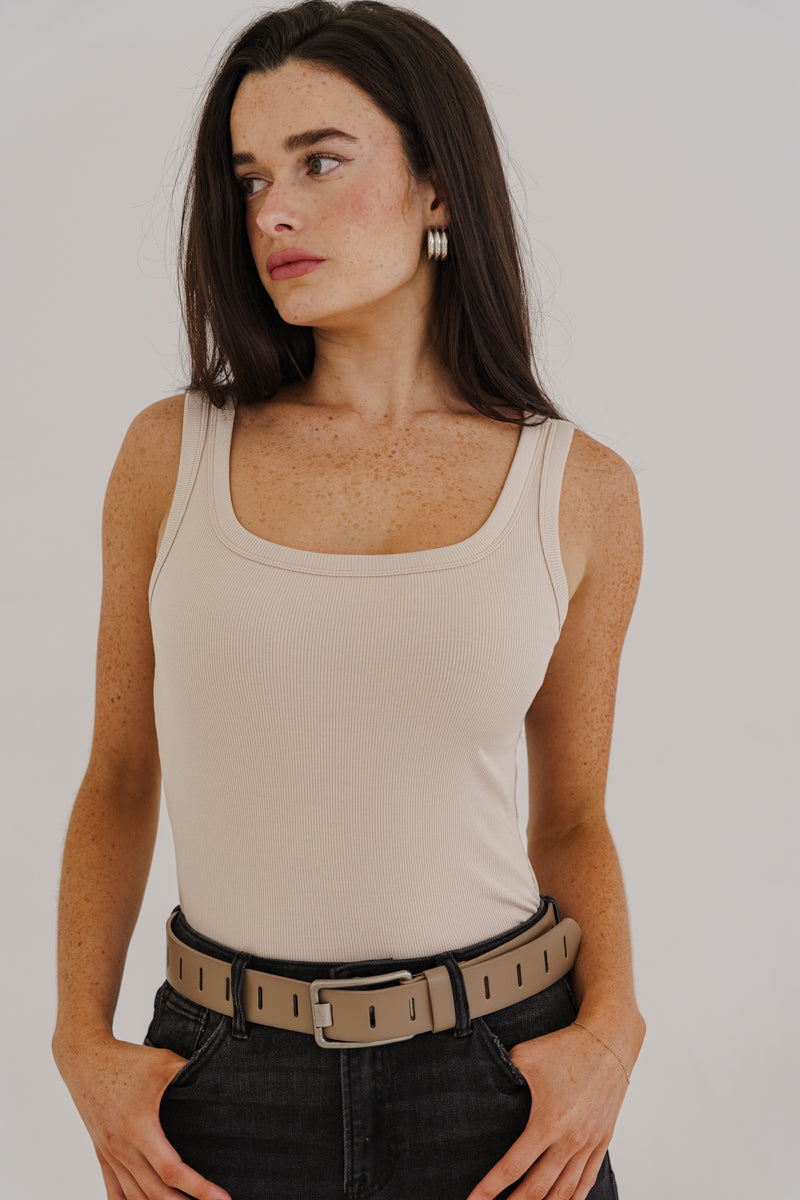 Rectangle Metal Buckle Vegan Leather Belt Taupe