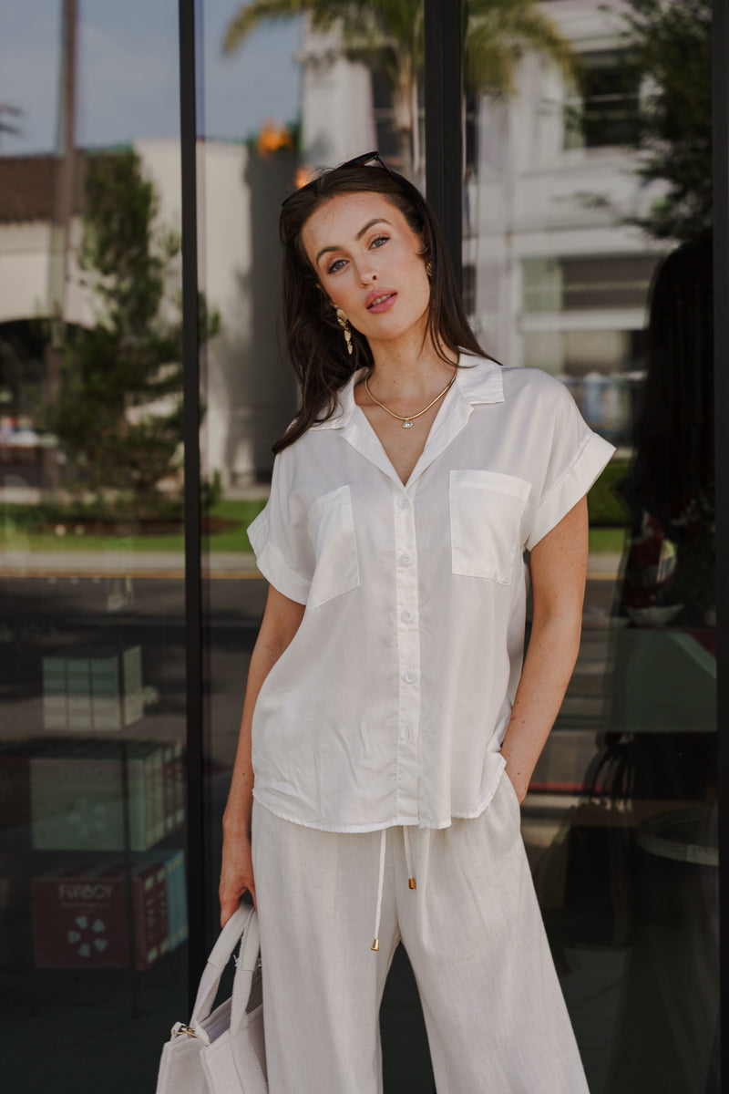 Short Sleeve Button Down Top White