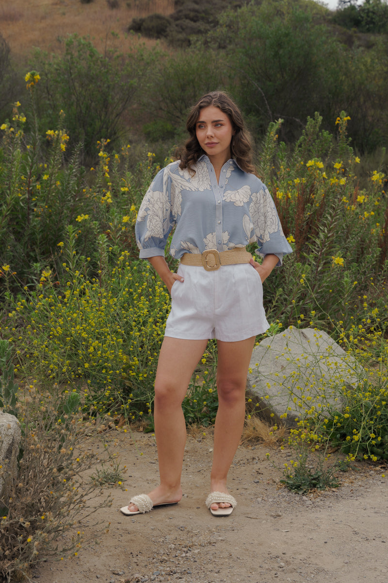 3/4 Sleeve Button Down Floral Print Top Blue