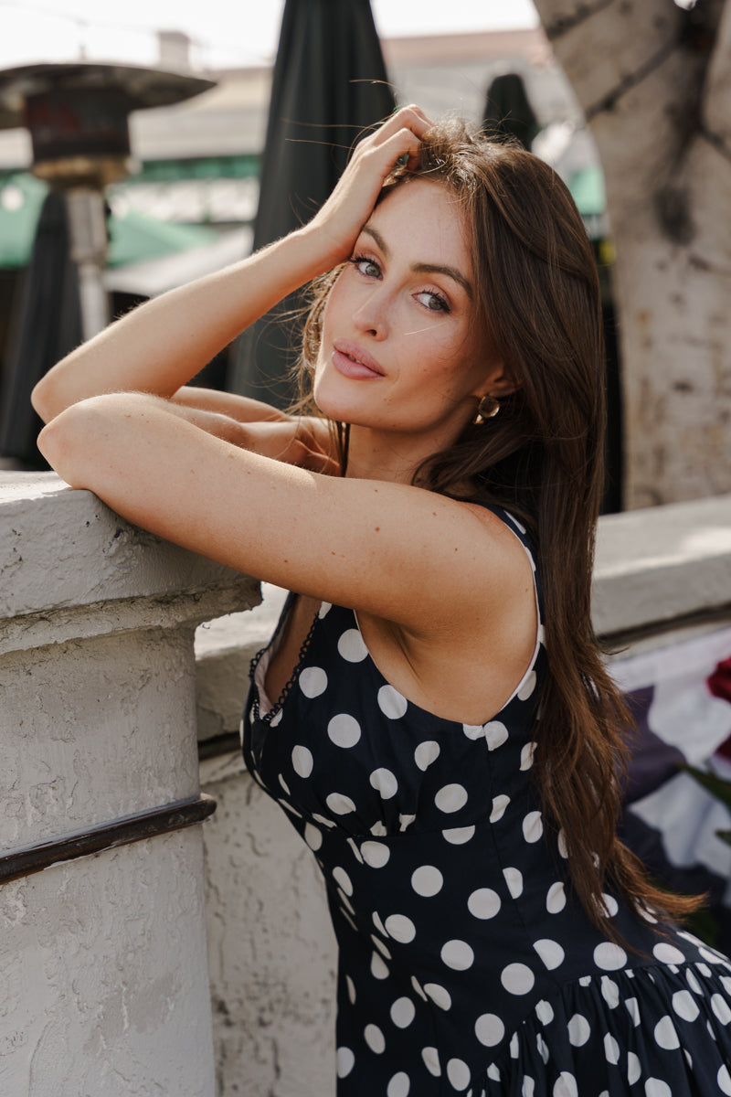 Sleeveless Polka Dot Print Midi Dress Navy