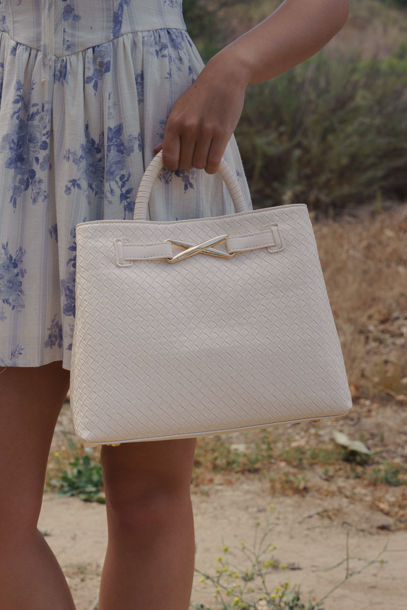 Top Handle Faux Leather Woven Handbag Cream