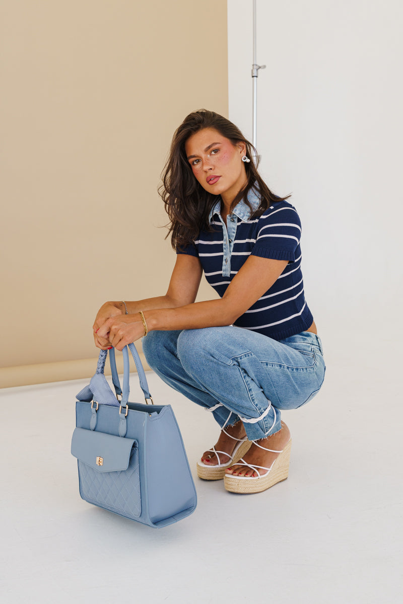 Top Handle Multi Textured Purse Blue