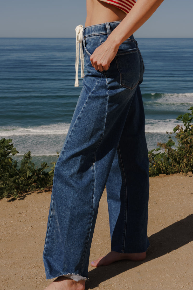 High Rise Drawstring Jeans Dark Wash